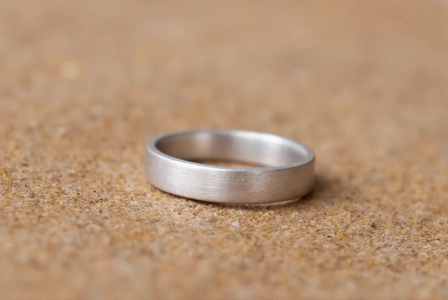 Close-up photograph of a mustard seed ring showing a tiny mustard seed encased in clear resin within a sterling silver band, with visible texture of the natural seed