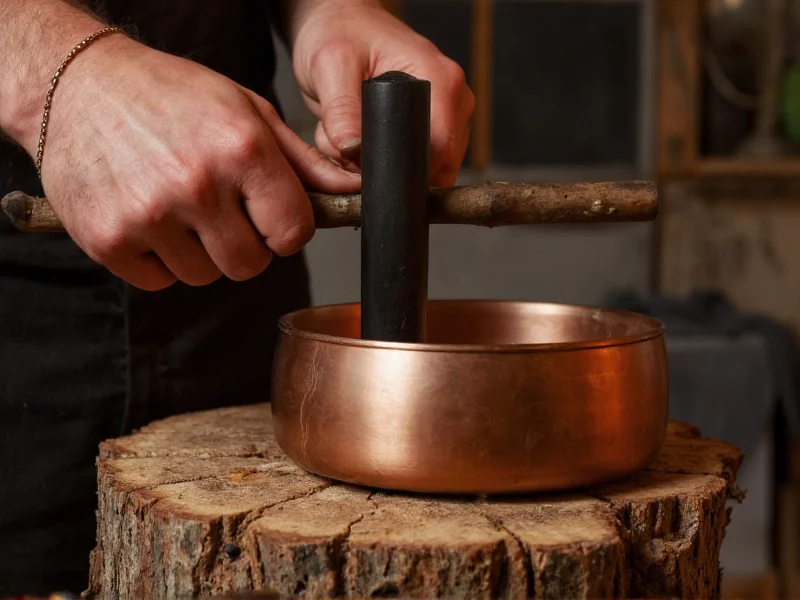 Artisan hammering copper bowl on wooden stump