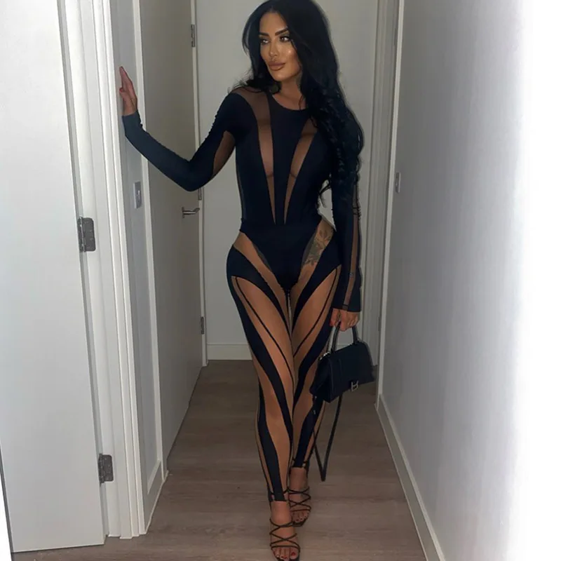 

Sexy Mesh Patchwork Bodysuit Women Solid Long Sleeve Hipster Cleavage Body-Shaping One Piece Party Style Female Clubwear