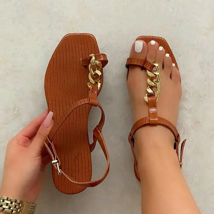 

women's sandals flat shoes 2021 summer European and American square toe metal chain flat bottom large women's fashion sandals
