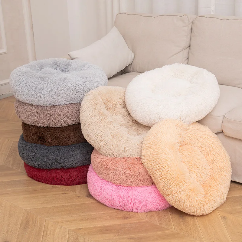 

Low MOQ 2023 Super Soft Dog Bed Round Washable Plush Fluffy Donut Dog Cat House Velvet Mats Sofa Dog Portable Pet Bed