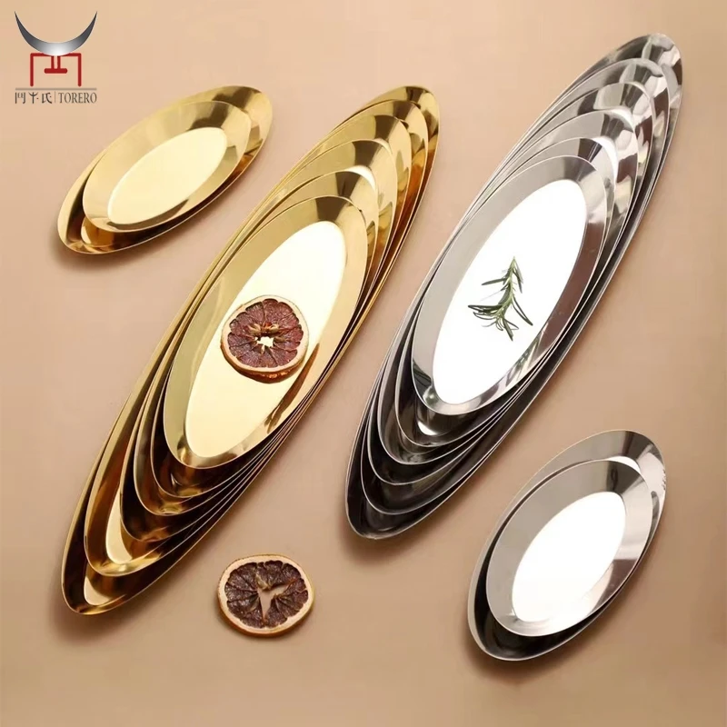 

Stainless steel oval serving tray plate set for restaurant party long platter sandwiches dessert salad sushi display dish