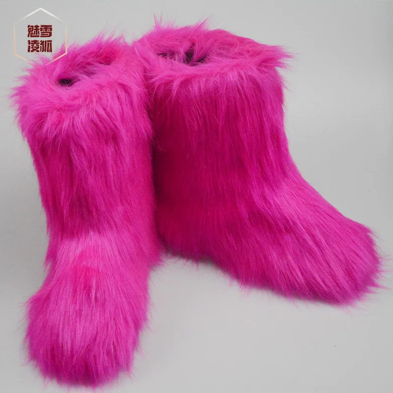 

Winter Women's Faux Fox Fur outdoor Boots Fluffy Stripe Furry High top Boots Woman Fur Home Female Warm Home Shoes, Customized color