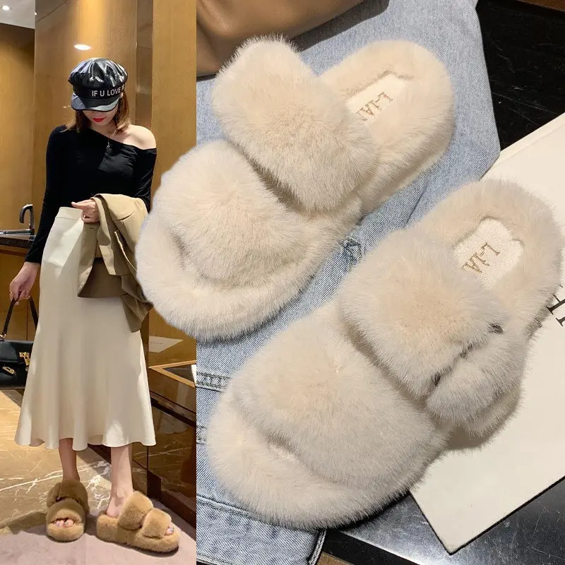

2021 Plush Furry Indoor Bedroom Designer House Winter Ladies Fashion Fur Home Women'S Slippers For Women Slides Slippers, 4 colors