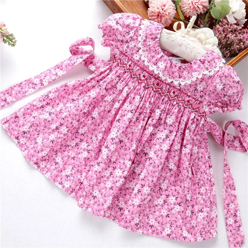 

C91018534 newborn baby dresses kids smocking dress girl clothes pink flower ruffles cotton children clothes wholesale