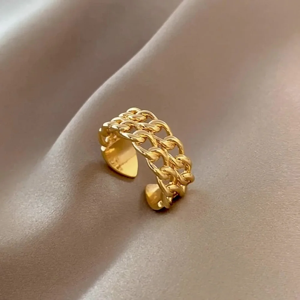 

Wholesale Stylish Wide Chunky Double Link Chain Rings Hip Hop Gold Filled Open Adjustable Rings Jewelry For Women