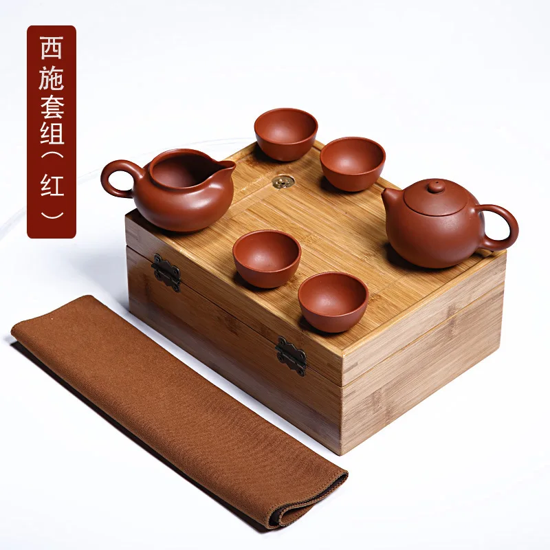 

Purple clay tea set with bamboo gift box, 1 teapot +4 teacups+1 fair cup from Yixing, Red and purple