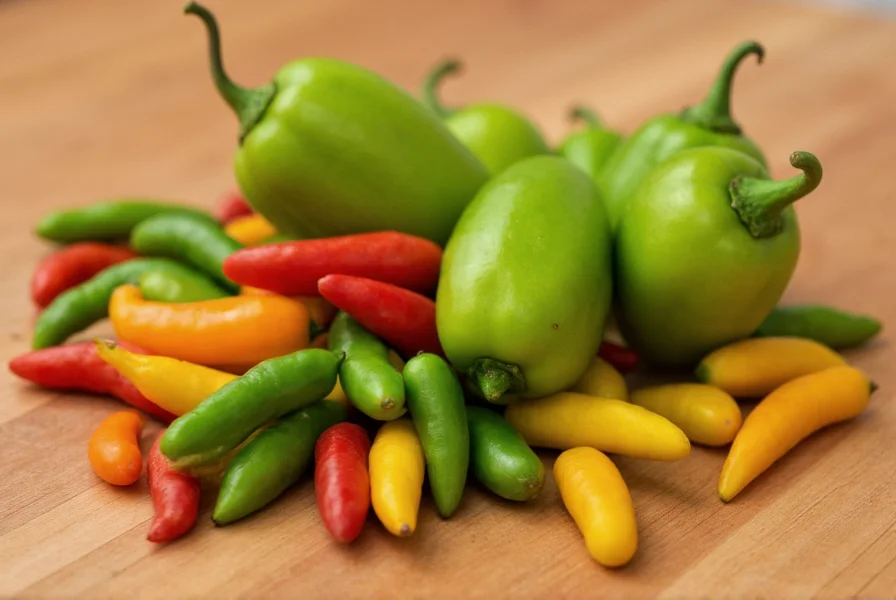 Close-up photograph of fresh Marconi peppers showing their tapered shape and color variations from green to red on a wooden kitchen table