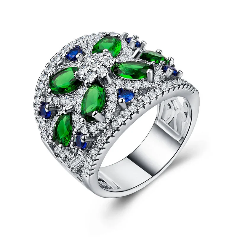 

New luxury ladies zircon ring silver plated inlaid cubic zirconia green crystal ring fashion ladies ring jewelry wholesale