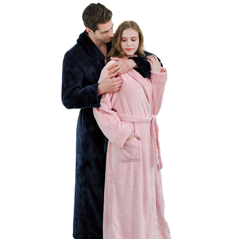 

Wholesale New Winer Ready to Ship Ankle Length Shawl Collar Couple Pajamas Lady Sleepwear Thick Warm Flannel Fleece Bathrobe Men, Navy, grey, white, pink, blue, red, purple or custom