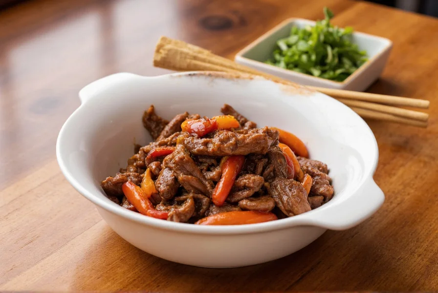 Vintage 1950s style pepper steak served in white ceramic bowl with chopsticks on wooden table