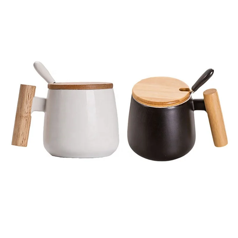 

Wooden handle ceramic coffee mug ceramic mug with spoon ceramic coffee mug gift Exquisite Box Packing, White,black