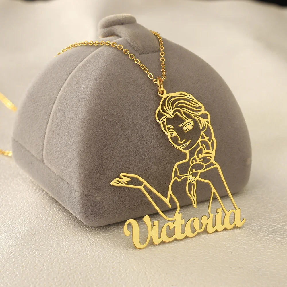 

Custom Kids Name Necklace Princess Cartoon Character Personalized Necklaces Girl Christmas Gift, Silver /gold