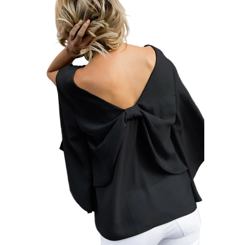 

Fashion Summer Casual Solid Color V-Neck Bowknot Three-Quarter Sleeve Blouses for Women