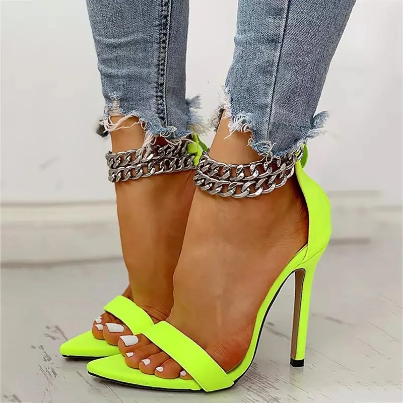 

2022 Ladies Summer High Heel Sandals Sexy New Stiletto Leopard Print Metal Anklet Chain Brand Sandals Ladies Designer Sandals, Black and white / leopard / fluorescent green