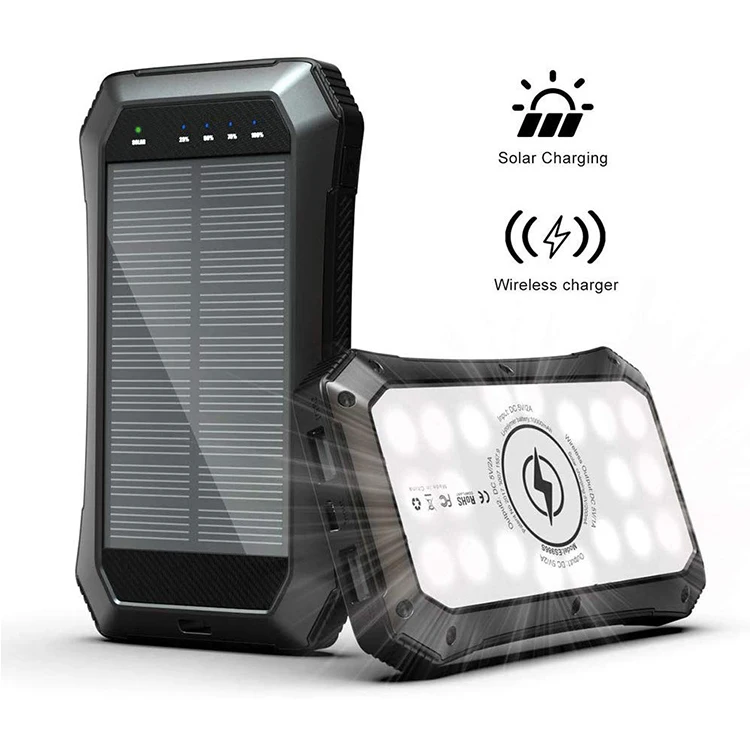 

2020 New High Quality Portable Solar Panel Mobile Phone Charger With LED Camping Light 20000mah Waterproof Solar Power Bank