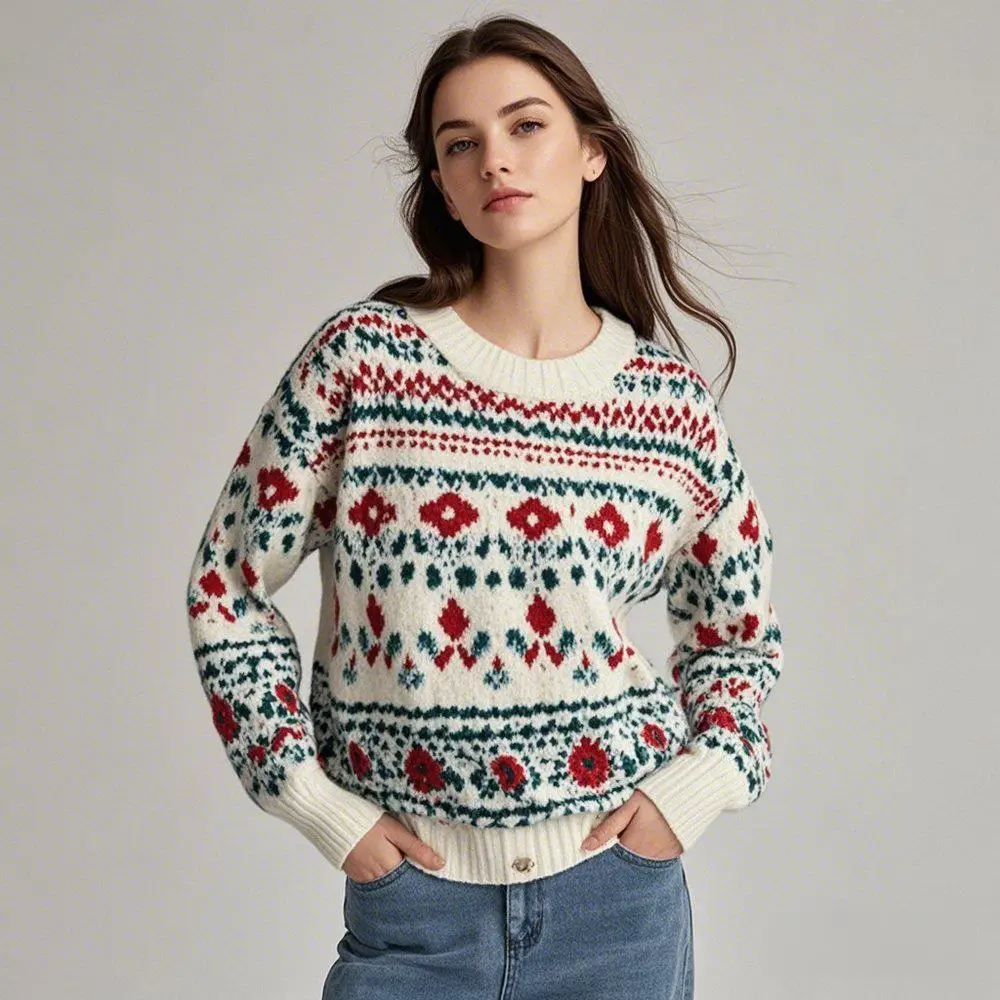 Cotton Knitwear Flower Crewneck Casual Pullover Oversize Knitted Female Ladies Girls Custom Christmas Women'S Sweaters