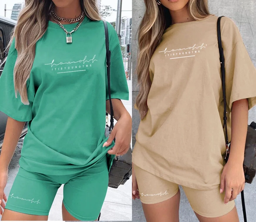 

2021 Women New CustomTracksuit Solid Color Outfits Clothing Plus Size Two Piece Short Sleeve Set