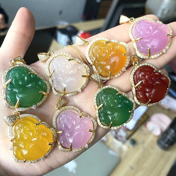 

Crystal Edge Buddha Pendant Necklace Multi Color Natural Jade Religious Maitreya jade beads necklace