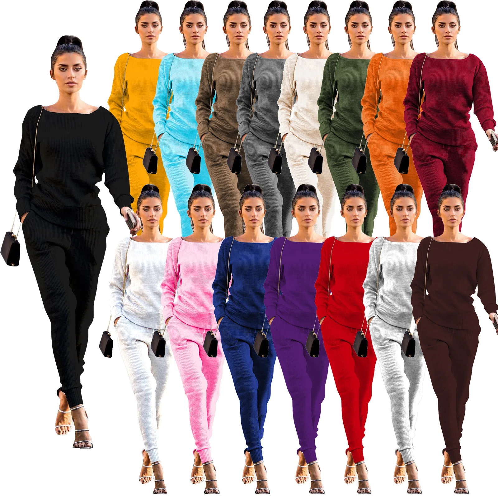 

Wholesale Autumn Winter Solid Color Tracksuit Splicing Long Sleeve Outfits Pants Ribbed Casual Two Piece Sets, Shown