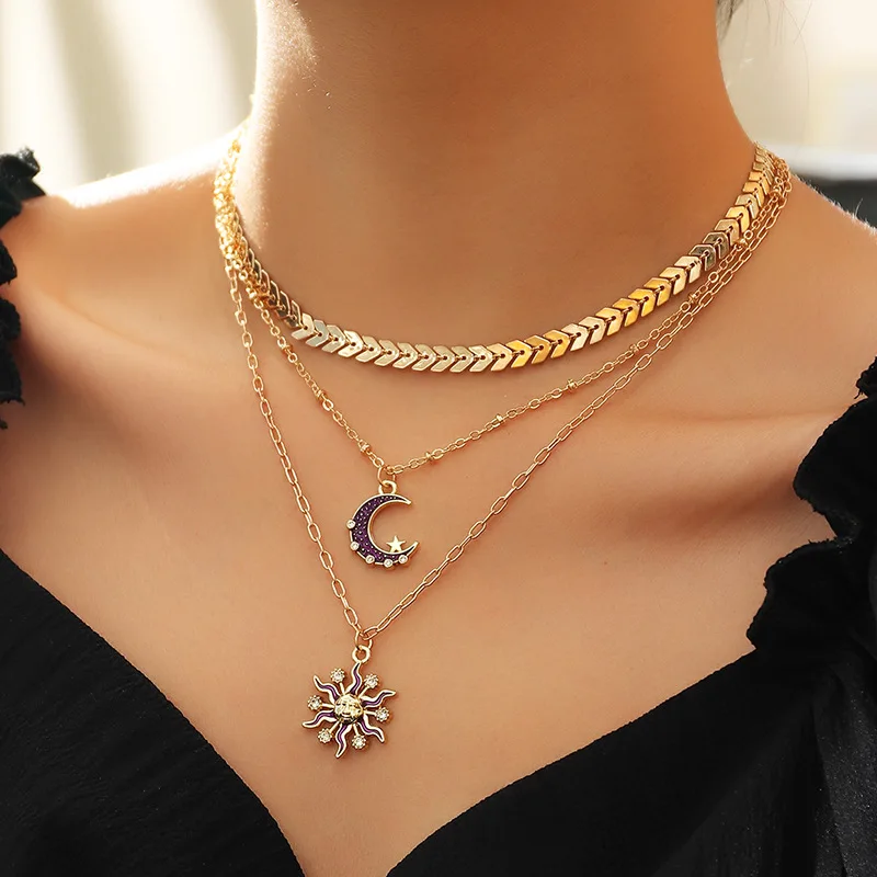 

Ins Hot Selling 18K Gold Plated Multilayer Arrow Chain Choker Necklace Double Layer Star Moon Sun Pendant Necklace