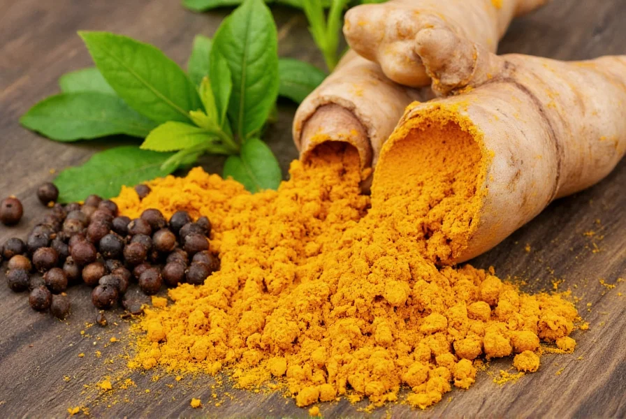 Golden turmeric root next to fresh curry leaves and black peppercorns showing natural ingredients for optimal absorption