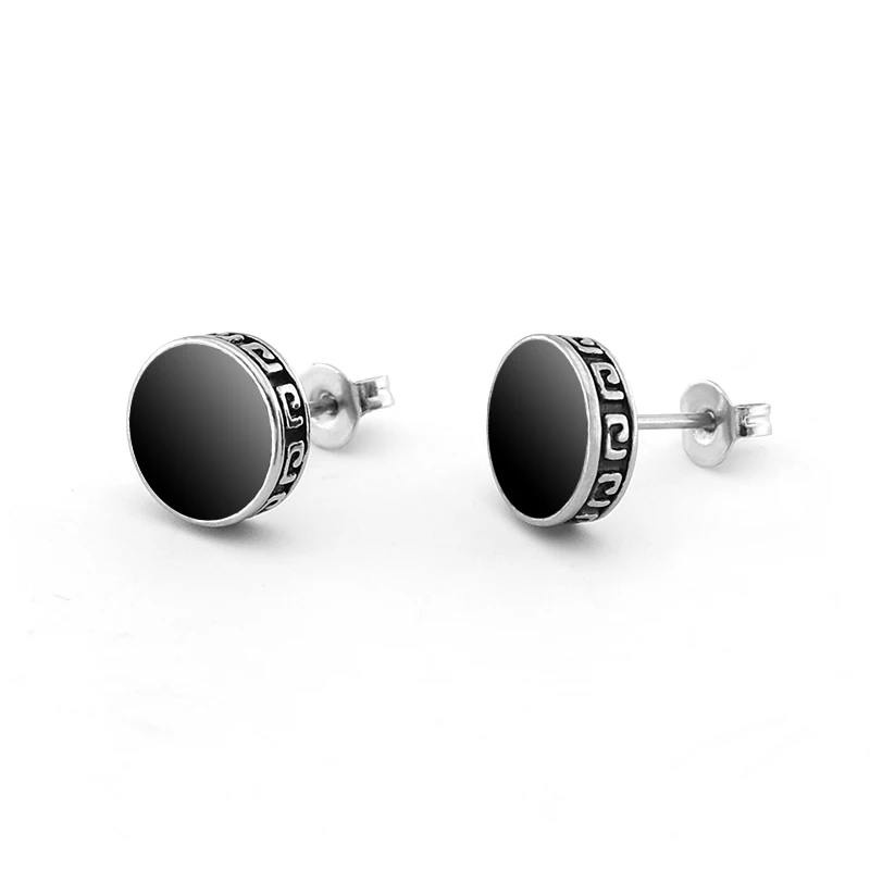 

Hip hop The Great Wall lines stud earrings round black stainless steel 316L earrings mens woman jewelry korean earrings on sale, Silver color