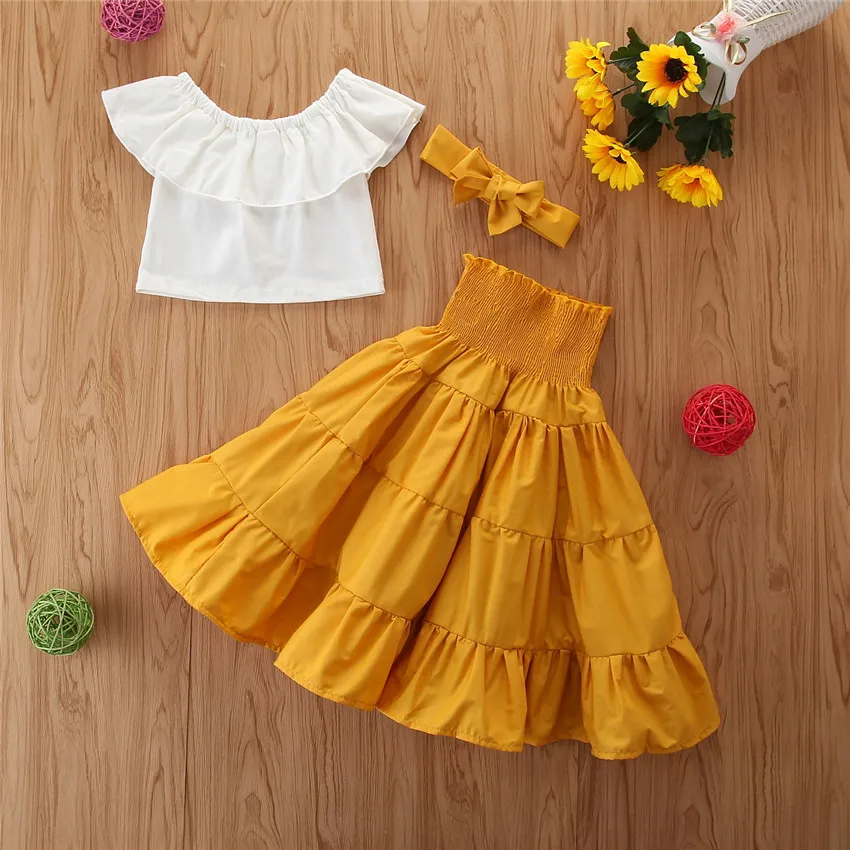 

New Sweet Girl Summer Clothes Set Children Girl White Crop Top +Yellow Headband + High Waist Twirl Skirt 3 Pcs Birthday Clothes, White yellow