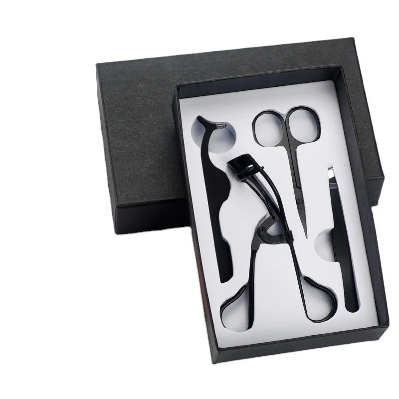 

Black Box Stainless Steel 4Pcs Eyelash Scissors Tweezers Applicator Lash Curler Set, Customer's choice