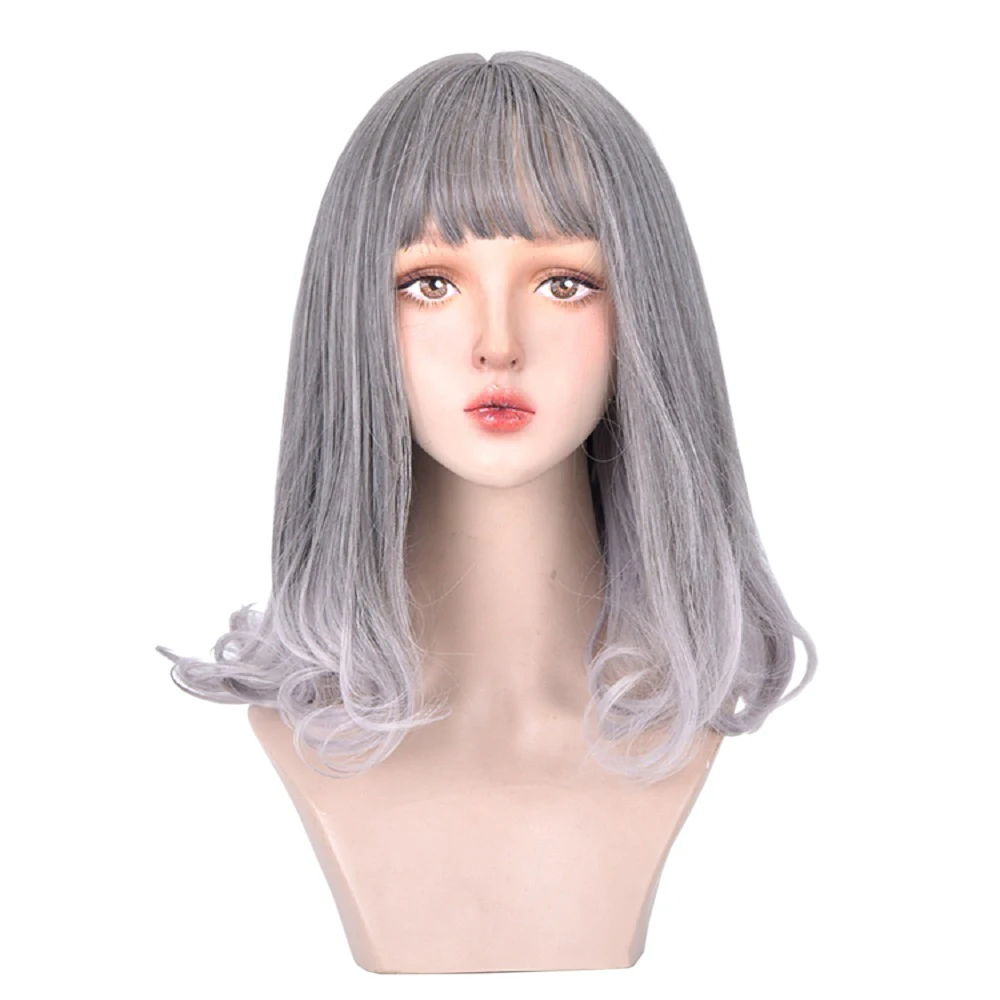 

Gray Gradient Light Pink Shoulder Length Curly 16 INCH Harajuku Lolita High Temperature Silk Cosplay Party COS Wig, Pic showed