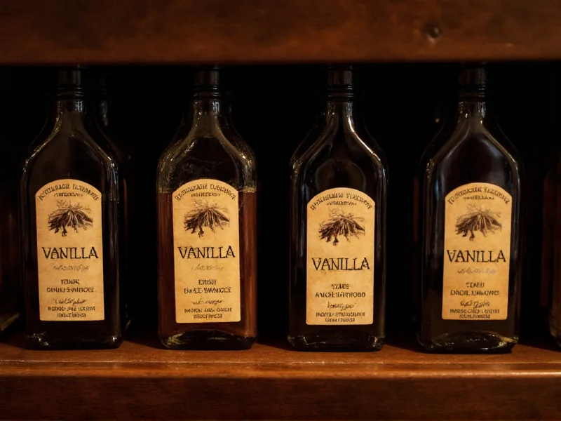Bottles of homemade vanilla essence stored in cool dark pantry