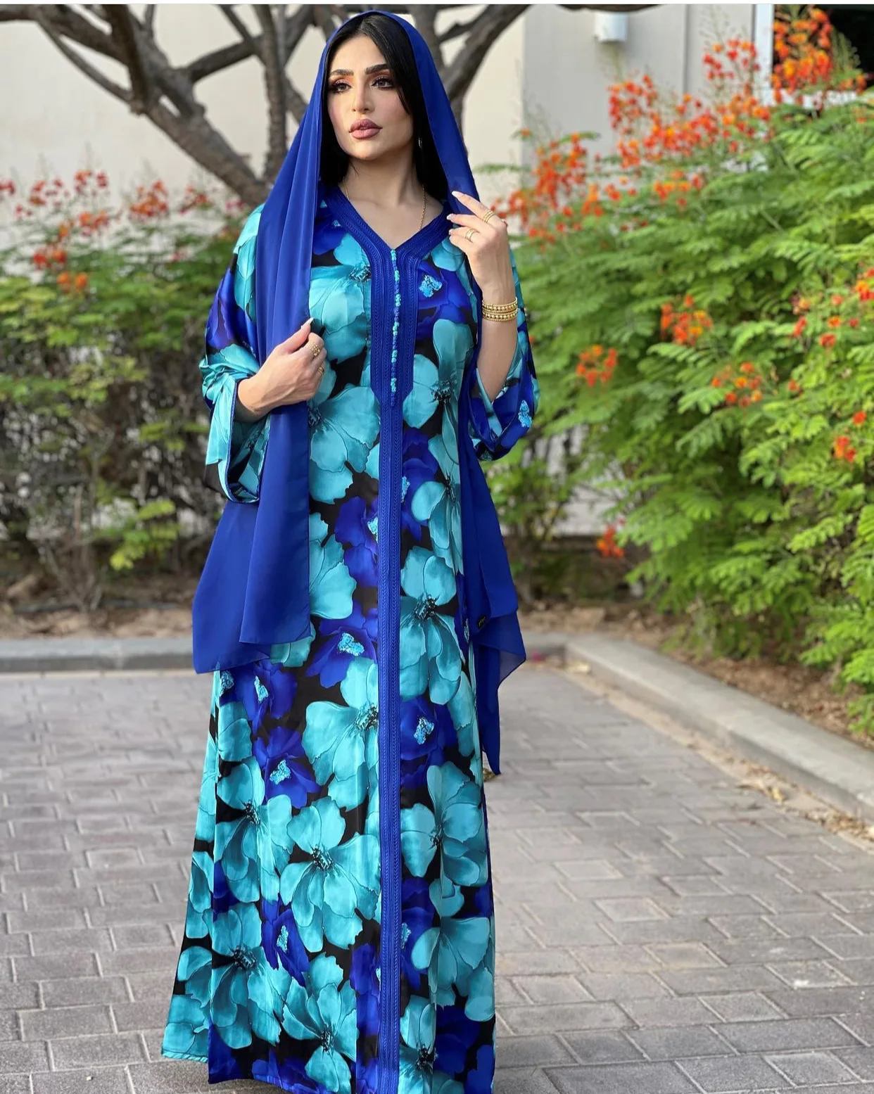 

2055 kuwii New Middle East print long lace dress women abaya dubai muslim long dress turkish abaya, Blue