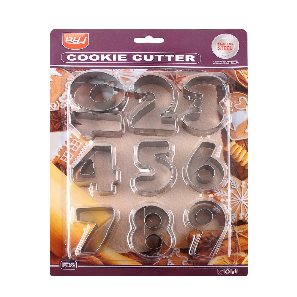 

Hot Sales Stainless Steel Number 0-9 10 Pcs Set DIY Multi-function Cookie Cutter Baking Tools, Silver