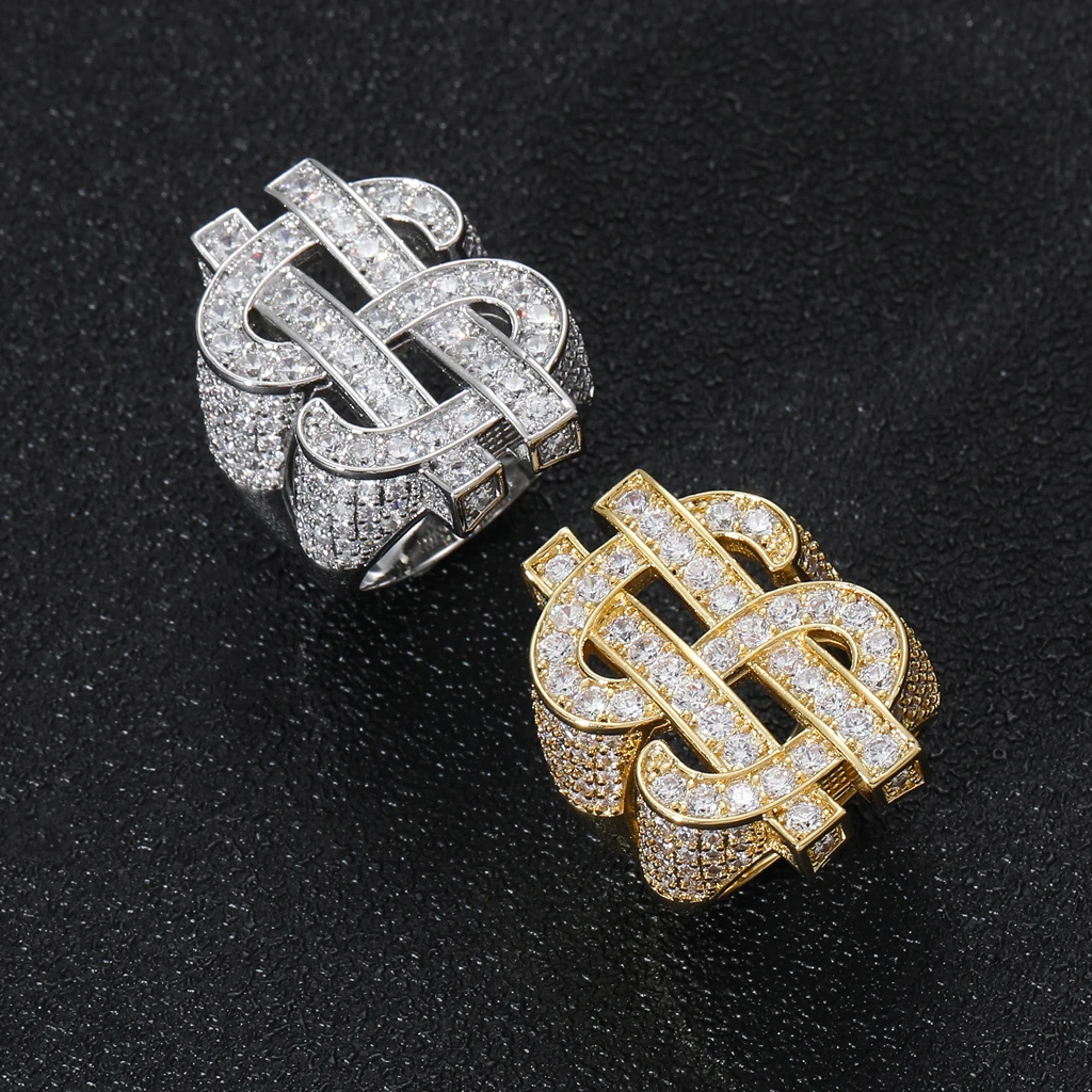 

Wholesale Trendy Hip Hop Rings Men Real Gold Plated Brass Iced Out AAA CZ Bling Dollar Sign Ring Jewelry, Gold silver