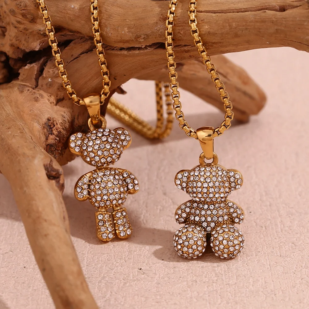 

Shining Zircon Party Jewelry Cute Bear Pendant Necklace Gold Plated Rope Chain Necklace Stainless Steel