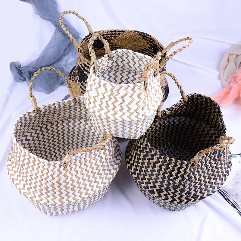 

Handmade Bamboo Storage Baskets Foldable Laundry Straw Patchwork Garden Flower Pot Planter Wicker Rattan Seagrass Belly Basket