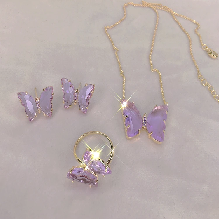 

Fashion Butterfly Shape 14K Plated Pendant Necklace Earrings Jewelry Set For Valentine's Day Gifts, Purple