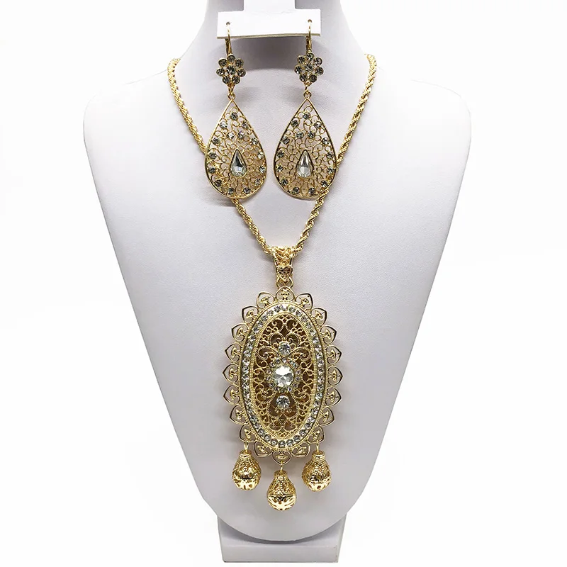 

Morocco hot selling wedding jewelry set for women delicate pattern hollowing necklace/earring Algerian fashion golden pendent