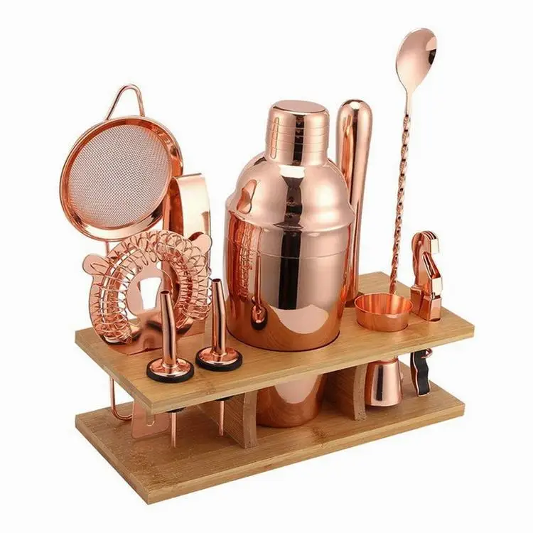 

2021 New Shaker Set with Wooden Stand Rose Gold Stainless Steel Bar Tools