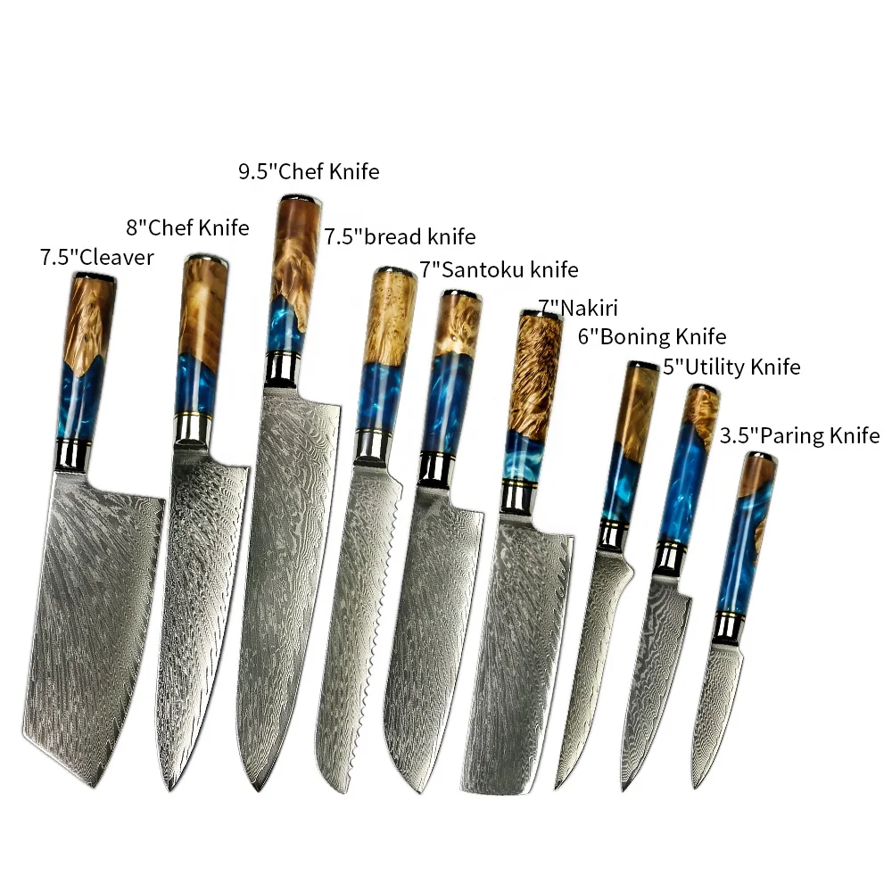 

Luxury Blue Resin Handle Damascus Steel Knife Chef Cooking VG10 67Layers Japanese Kitchen Knives Damascus Knife Set