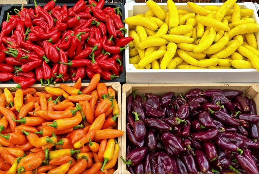 Colorful display of various pepper varieties at Pepper Pod market including red jalapenos, yellow banana peppers, and dark purple ornamental peppers arranged in wooden crates