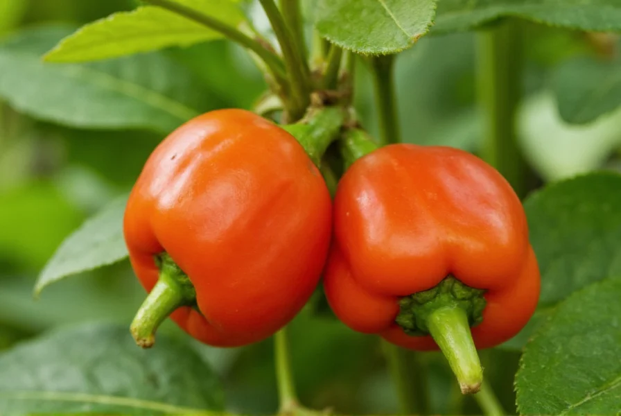 Close-up of ripe Caribbean Scotch bonnet peppers growing on plant in tropical garden