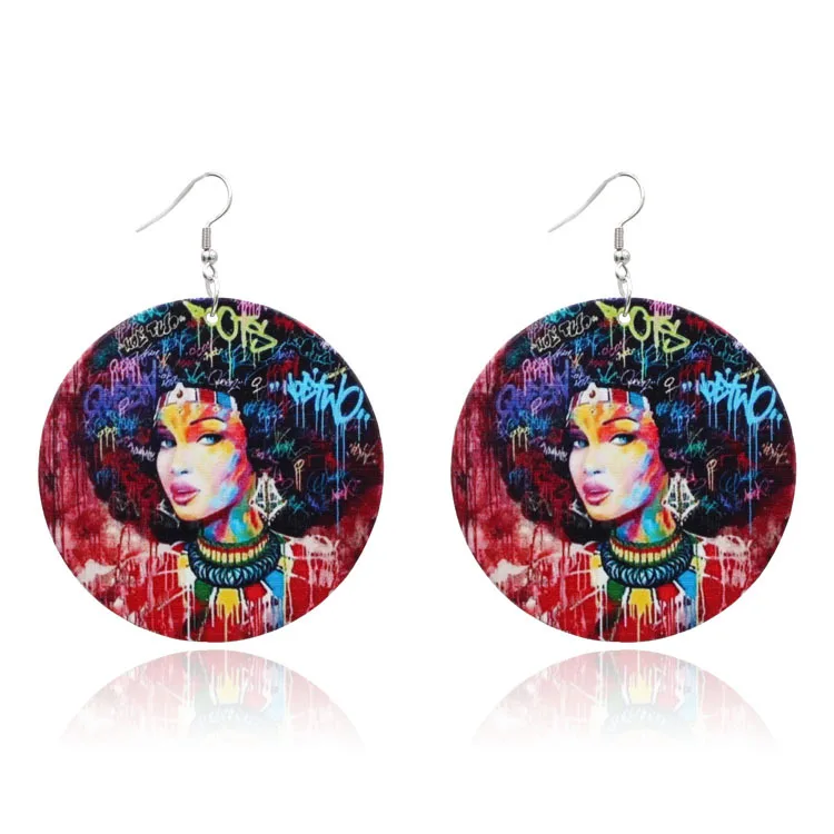 

New hot style colorful wood african portrait pattern hook earrings for women, Picture shows/custom color