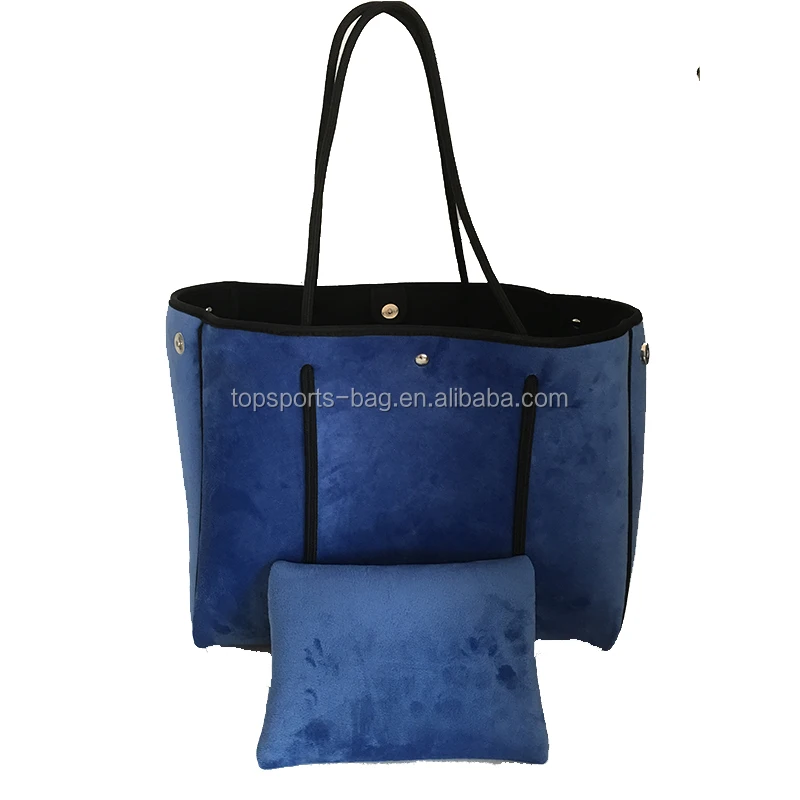 

2021 Winter Customized Sapphire Blue Velvet Neoprene Beach Bag Handbag for Women