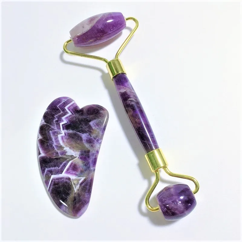 

Body massager custom natural amethyst jade roller and gua sha custom other massage products, Purple roller gua sha set
