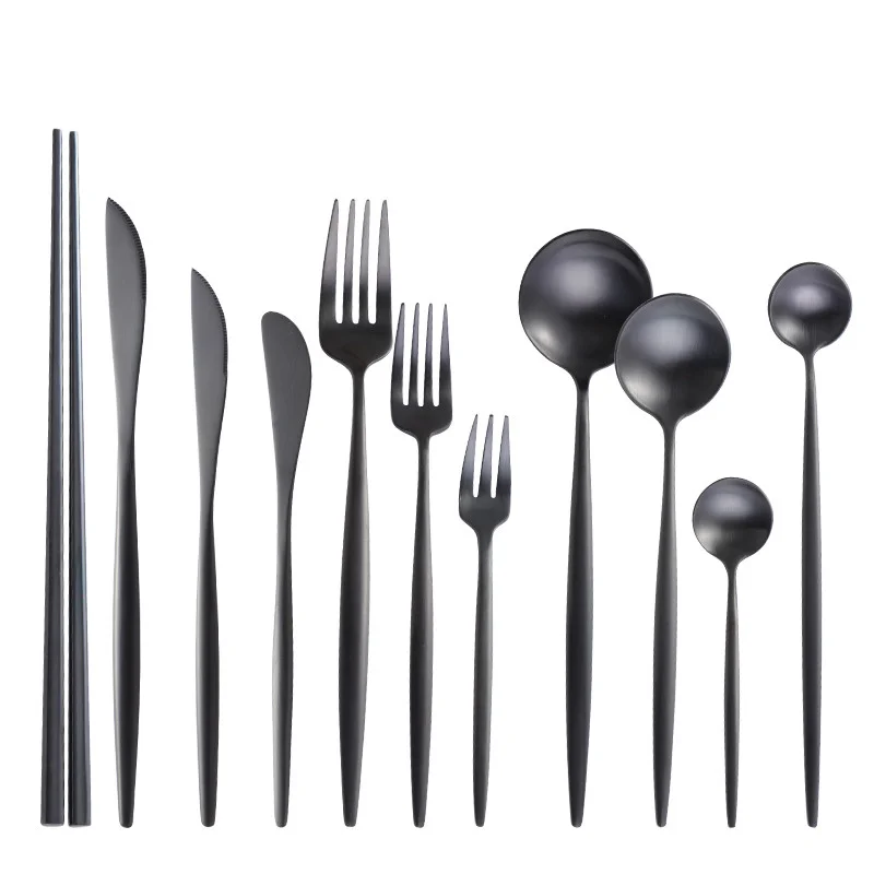 

Luxury 4PCS Matte Black Stainless Steel Flatware Set Kitchen Silverware Steak Knife Spoon Fork Chopsticks Cutlery Set