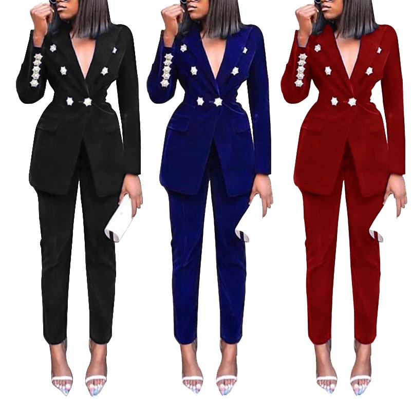 

Ladies Blazer Women's Suits V Neck Long Sleeve Casual Ladies Two Piece Pants Set Femme Veste Women's Suits & Tuxedo Blazer