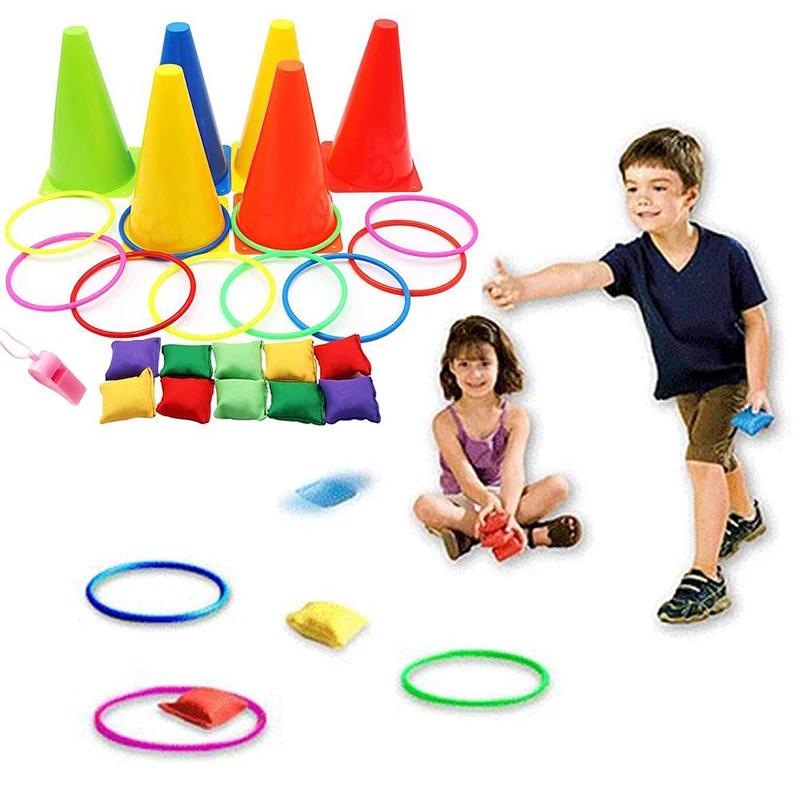 

Production wholesale 3 in 1 outdoor play set corn hole bean bag ring children's play and outdoor play supplies plastic cone set, Multicolor