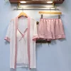 Silk Pajamas Women Sexy Satin Robes With Lace Pyjama 3 Pieces Sets Pijama Sleepwear Sweet Night Wear