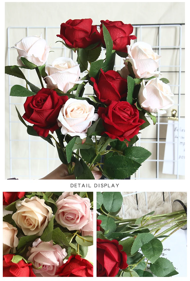 Mw03339 Artificial Flowers Red Roses Velvet Long Stem Pink For Home Backdrop Flower Arrangement